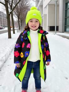 Emery Rose Kids Emery Rose Kids Young Girl Ditsy Floral Hooded Padded Coat Fall Winter - Black - View 3