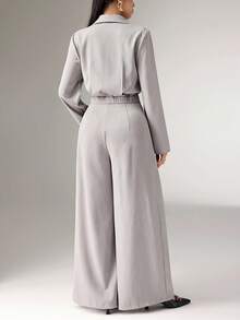 Heiryn Chemise décontractée à manches retroussées et à simple boutonnage avec design plissé et combinaison à jambes larges pour femmes, couleur unie - Gris - Voir 4