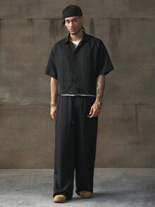 AXEPEAK 男士字母印花条纹短袖衬衫配阔腿裤休闲西装 - 彩色 - 查看 7