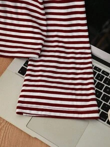 INAWLY Plus Size Women Striped Round Neck Drop Shoulder Long Sleeve Casual Loose T-Shirt