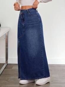 Siren Gaze 女式休闲水洗牛仔不对称口袋开衩裙，秋季 - 深色水洗藍 - 查看 5