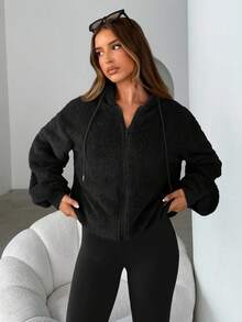 Siren Gaze Áo nỉ trùm đầu màu trơn cho nữ, Áo nỉ chui đầu dày ấm áp, Dành cho nữ, Thu/Đông, Áo dài tay - màu đen - Xem 4