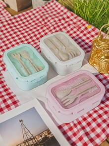 SHEIN 1 件套双隔层午餐盒，内置餐具套装，可重复使用的圆形和方形便当盒，微波炉加热（取下盖子），便携式轻便手持午餐盒，冰箱保存，适用于厨房、户外和厨房用具 - 卡其色 - 查看 7