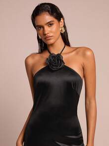 Glamine Women's Silky Satin Knitted Floral Decoration Backless Halter Neck Elegant Maxi Dress, Women's French Black Solid Color Three-Dimensional Flower Decoration Slim Sleeveless Temperament Long Dress, Elegant Sexy Slim Skin-Friendly Breathable Drape Sexy Pure Hot Girl Party Holiday Long Dress Costumes - Black - View 8