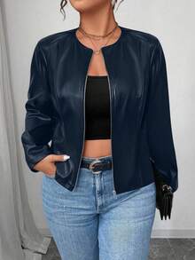 SHEIN PETITE CURVE 大码女式经典百搭 PU 皮夹克，小号系列 - 藏蓝色 - 查看 3