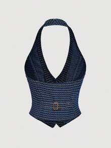 Sweetra Elegant Backless Halter Top And Jeans Pants Suit For Women