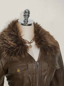 SHEIN ICON Plus Size Brown PU Leather Collar Patchwork Short Jacket In Fall/Winter