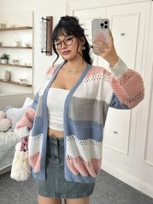 SHEIN EZwear 大码休闲拼色条纹镂空针织开衫，秋冬 - 彩色 - 查看 3