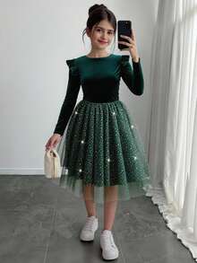 Tween Girl Casual Minimalist Comfortable Round Neck Ruffle Hem Mesh Hem Dress - Green - View 1