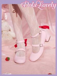 Dola Lovely 女士蝴蝶结玛丽珍鞋，圆头扣带粗跟浅口鞋，时尚百搭白色鞋子 - 粉色 - 查看 1