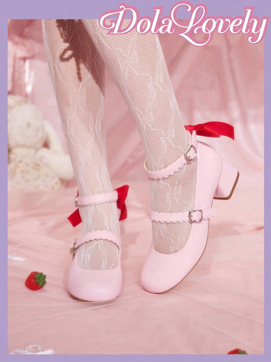 Dola Lovely 女士蝴蝶结玛丽珍鞋，圆头扣带粗跟浅口鞋，时尚百搭白色鞋子 - 粉色 - 查看 1