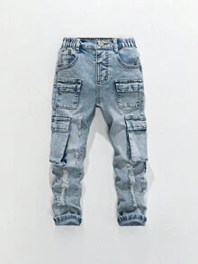 SHEIN Explorewe Jungen Vintage Straßen-Stil zerrissene Multi-Taschen Slim Fit Stretch Jeans Cargohose - Helle Waschung - Übersicht 3