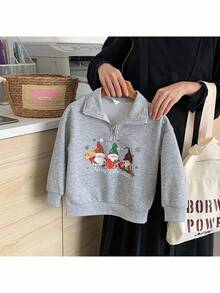 SHEIN Young Girl Solid Color Christmas Pattern Stand Collar Half-Zip Casual Sweatshirt Autumn Winter Clothes - Grey - View 1