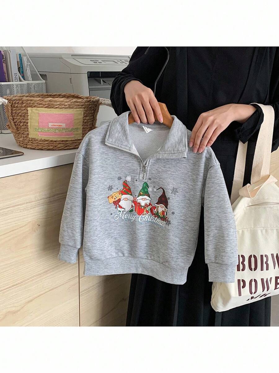 SHEIN Young Girl Solid Color Christmas Pattern Stand Collar Half-Zip Casual Sweatshirt Autumn Winter Clothes - Grey - View 1