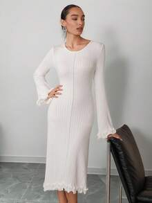 Modelyn Women's Elegant Solid Color Ruffle Flare Sleeve Knit Dress - White - View 1