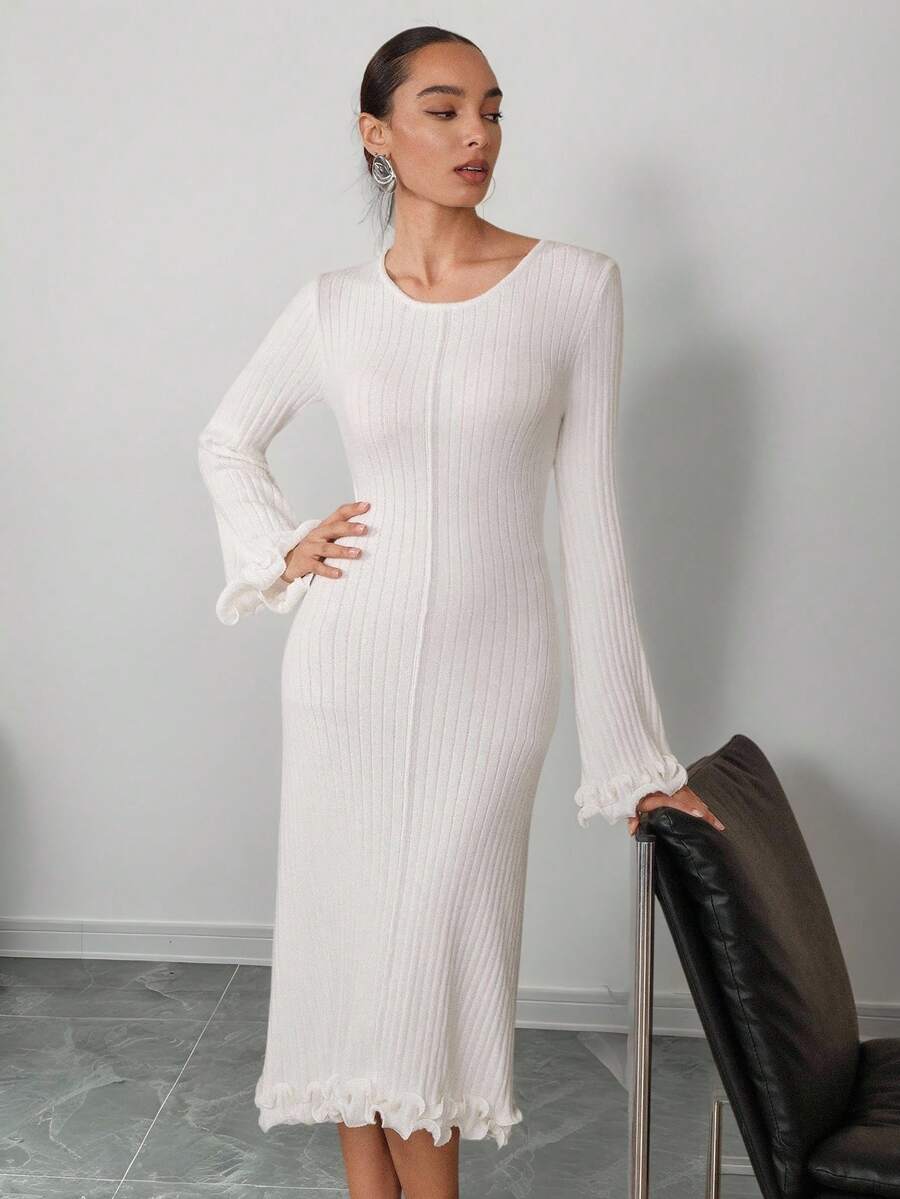 Modelyn Women's Elegant Solid Color Ruffle Flare Sleeve Knit Dress - White - View 1