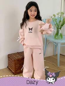 DAZY HELLO KITTY AND FRIENDS | SHEIN 少女圆领卡通图案针织卫衣和裤子套装，秋季 - 粉色 - 查看 1