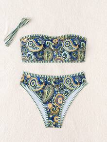 SHEIN Swim 2026 Spring/Summer Women's Paisley Print Bandeau Backless Tie Bikini Set, High Cut Bottoms, Vacation Style