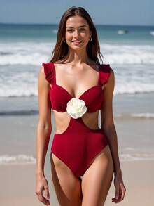 Swim Vcay 1 bộ đồ bơi một mảnh họa tiết hoa 3D đi nghỉ mát dành cho nữ - Màu Đỏ Sâu - Xem 1