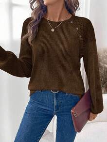 SHEIN LUNE Women's Crew Neck Lace Patchwork Decor Button Waffle Texture Casual Long Sleeve T-Shirt - Coffee Brown - View 6