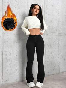 SHEIN PETITE Jeans de mezclilla sencillos y cálidos para uso diario de mujer - Negro - Ver 3