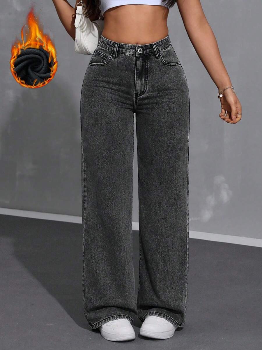 SHEIN ICON 女式纯色休闲保暖牛仔裤 - 灰色 - 查看 1