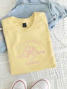 TaskSense 女士撞色标语与芙蓉刺绣圆领T恤，夏季