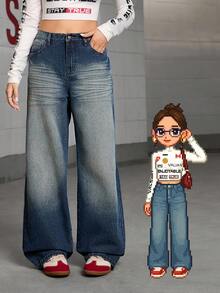 少女 Y2K 风格水洗蓝色宽松休闲牛仔裤，直筒裤，适合日常时尚