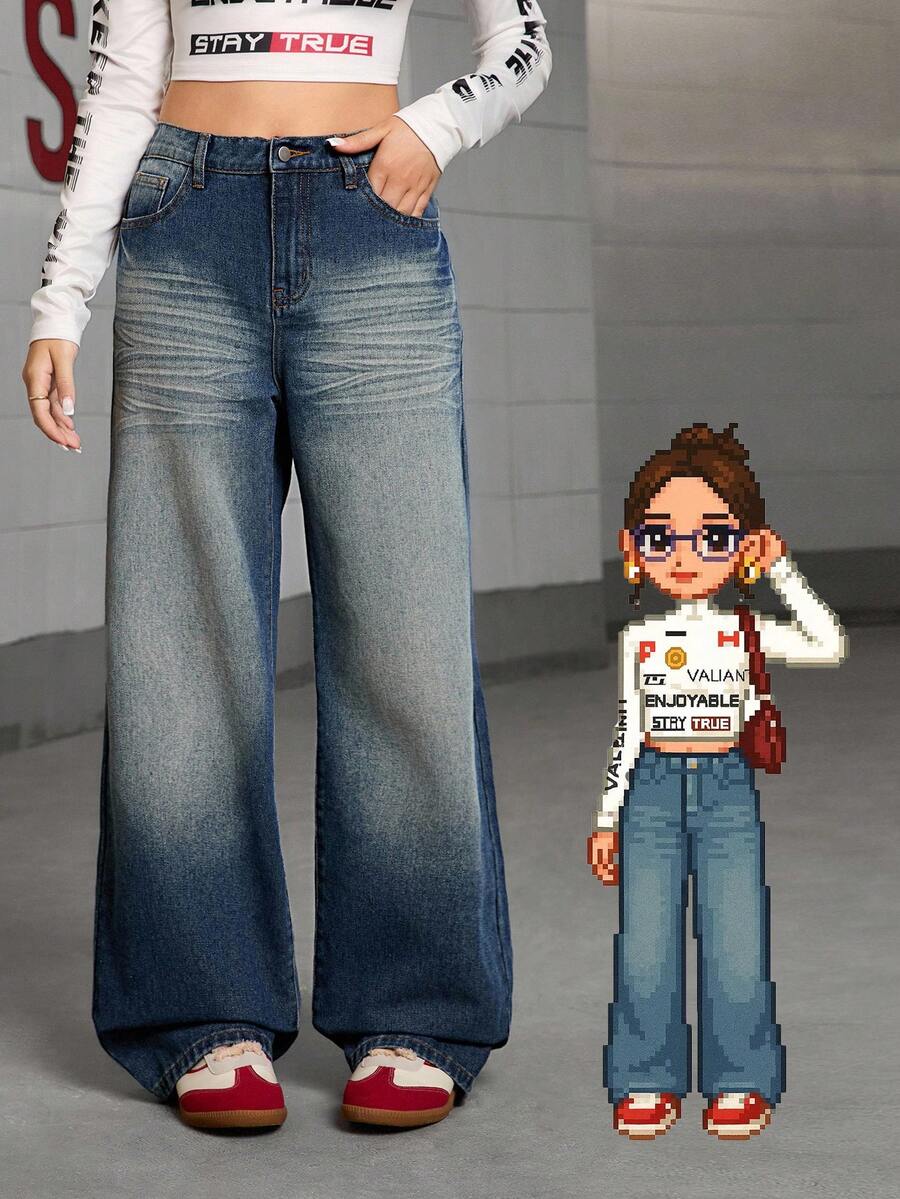 少女 Y2K 风格水洗蓝色宽松休闲牛仔裤，直筒裤，适合日常时尚