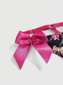 ROMWE J-Fashion Y2K Harajuku Girly Heart Chain Print Contrast Color Lace Patchwork Bow Decor Women's Underwire Bra Set, For Valentine's Day - Multicolor - View 3