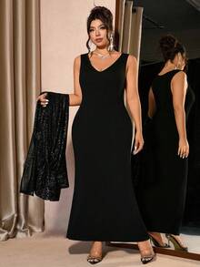 Cravure 大码女式奢华无袖背心外套，高端设计，闪粉，修身拉长效果，两件套，适合宴会、聚会和派对 - 黑色 - 查看 3