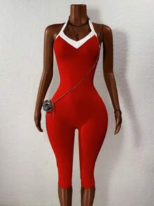 SHEIN PETITE Contrast Trim Halter Backless Sleeveless Bodysuit - Red - View 7