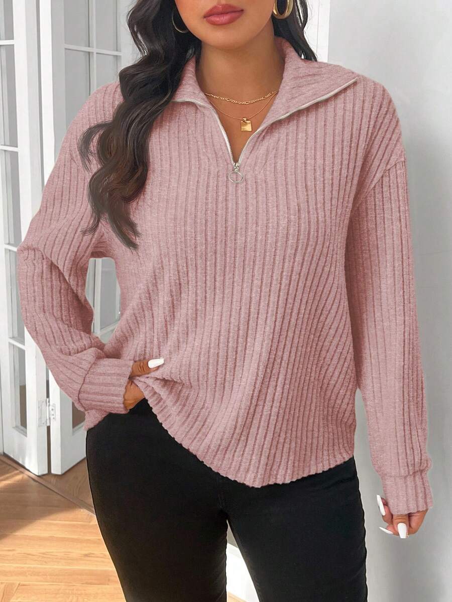 SHEIN Frenchy Áo thun cổ bẻ màu mơ lông mịn cỡ lớn có khóa kéo - Hồng - Xem 1