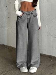 SHEIN Cottnline LOW RISE WIDELEG LIGHT BLUE PINKY JEAN - Grey - View 6
