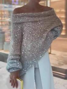 Siren Gaze Áo len nữ thời trang trễ vai đính sequin chuyển màu Áo len ombre Áo len nữ mùa hè Áo len đan Áo len trễ vai Áo len viền lông vũ vào mùa thu/đông - Nhiều màu - Xem 2