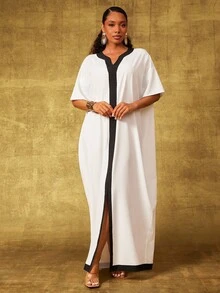 Vixey Váy Maxi Rộng Phối Viền Tương Phản Chất Liệu Chiffon Trơn - trắng - Xem 1