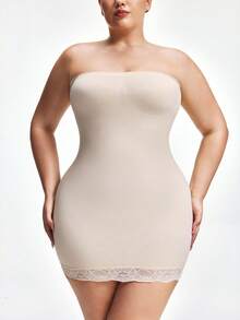 SHAPORA 塑身连衣裙、塑身腰部、蕾丝拼接、性感露肩内衣、婚纱、防滑、礼服、汗衫、紧身裙、大码塑身连衣裙 - 杏色 - 查看 3