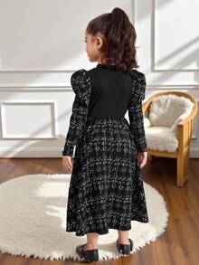 SHEIN Young Girl Casual Minimalist Elegant Gigot Sleeve Midi Dress Fall Winter - Black - View 3