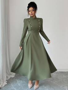 Elenzga 女士编织的优雅长款秋季连衣裙 - 軍綠色 - 查看 3