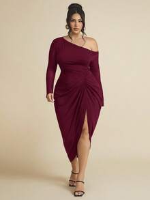 SHEIN BAE Plus Size Women Ruched Mesh Long Sleeve Semi-Sheer Dress - Burgundy - View 1
