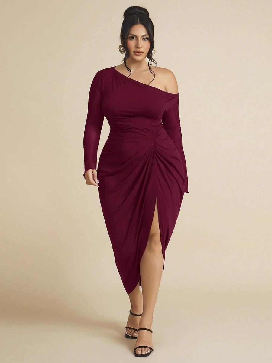SHEIN BAE Plus Size Women Ruched Mesh Long Sleeve Semi-Sheer Dress - Burgundy - View 1