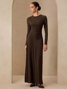 Graceveil Women's Round Neck Long Sleeve Cinched Waist Pleated High-End Design Fitted Knit Dress