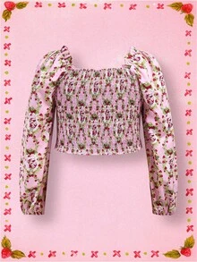 Strawberry Shortcake X SHEIN Plus Size Autumn/Winter Sweet Cute Y2K Sexy Pastoral Casual Pink Strawberry Retro Graphic Print Lantern Sleeve Long Sleeve Sweetheart Neck Shirred Back Blouse - Multicolor - View 2