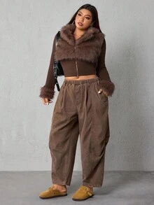 EMERY ROSE Plus Size Women's Elastic Waist Green Full Cotton Denim Harem Cropped Pants - Coffee Brown - View 3