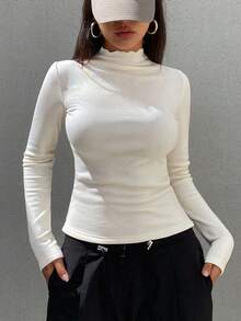 DAZY 女士休闲纯色立领保暖内衬 T 恤，秋冬长袖女上衣，秋季女装 - 米色 - 查看 5