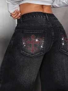 SHEIN PETITE Women's Autumn/Winter Thermal Lined Slant Pocket Wide Leg Jeans - Grey - View 7