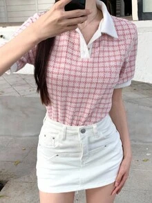 DAZY Camiseta de polo de manga corta con bloqueo de color y ribete decorativo a cuadros