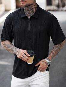 Manfinity Homme Textured Knit Polo Short Sleeve Men's Loose Fit Half Sleeve Collared Minimalist T-Shirt Textured Polo Shirt - Black - View 6
