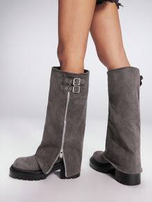 Sugerpunk 女式带扣设计侧拉链高跟中筒靴 - 灰色 - 查看 4