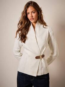COSMINA 女式秋季扭纹长袖腰部纽扣设计休闲针织开衫 - 白色 - 查看 1